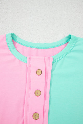 CLEARANCE Green Colorblock Half Buttons Henley T Shirt