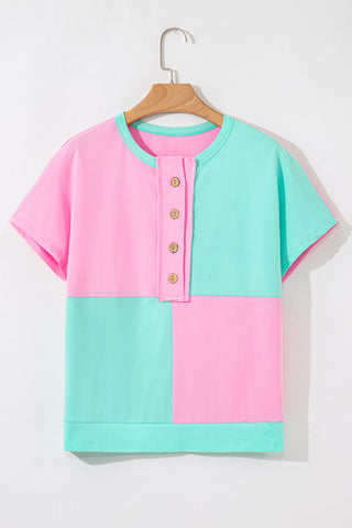 CLEARANCE Green Colorblock Half Buttons Henley T Shirt