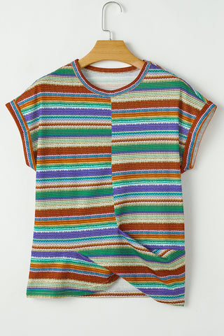 Multicolour Striped Twisted Hem Boho T-Shirt