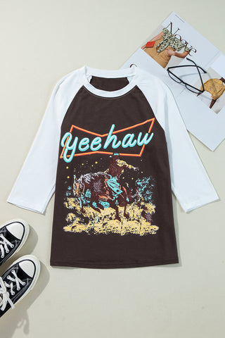 CLEARANCE Brown Western Yeehaw Graphic Vintage Raglan Long Sleeve Top
