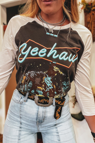 CLEARANCE Brown Western Yeehaw Graphic Vintage Raglan Long Sleeve Top