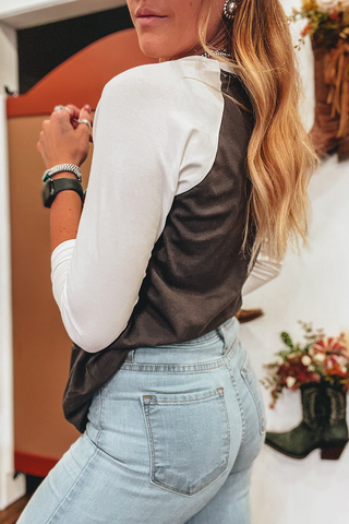 CLEARANCE Brown Western Yeehaw Graphic Vintage Raglan Long Sleeve Top