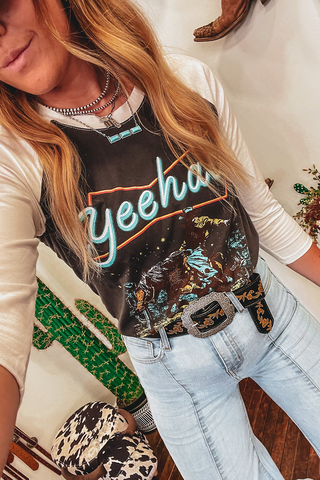 CLEARANCE Brown Western Yeehaw Graphic Vintage Raglan Long Sleeve Top