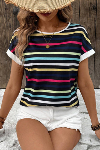 Black Colorful Striped Contrast Edge Crew Neck T Shirt