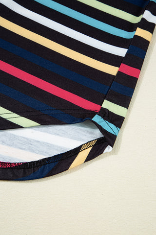 Black Colorful Striped Contrast Edge Crew Neck T Shirt