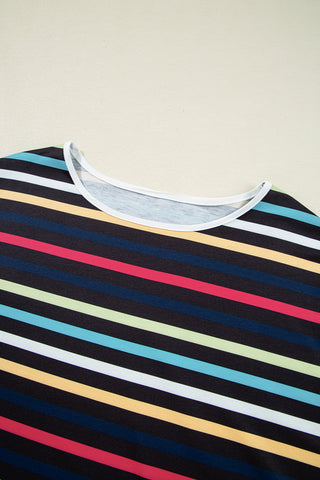 Black Colorful Striped Contrast Edge Crew Neck T Shirt