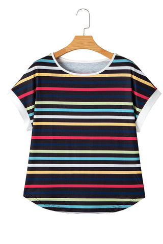 Black Colorful Striped Contrast Edge Crew Neck T Shirt