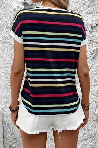 Black Colorful Striped Contrast Edge Crew Neck T Shirt