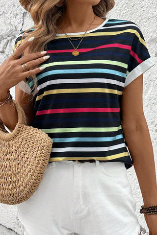 Black Colorful Striped Contrast Edge Crew Neck T Shirt