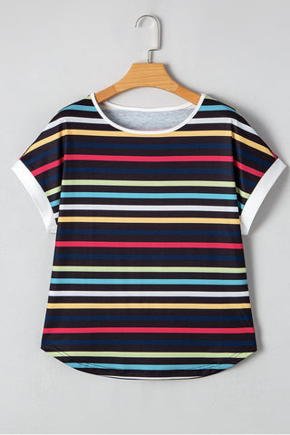 Black Colorful Striped Contrast Edge Crew Neck T Shirt