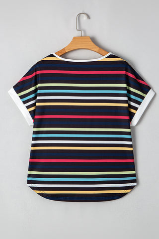 Black Colorful Striped Contrast Edge Crew Neck T Shirt