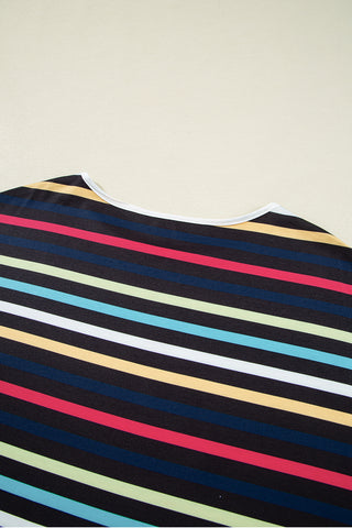Black Colorful Striped Contrast Edge Crew Neck T Shirt
