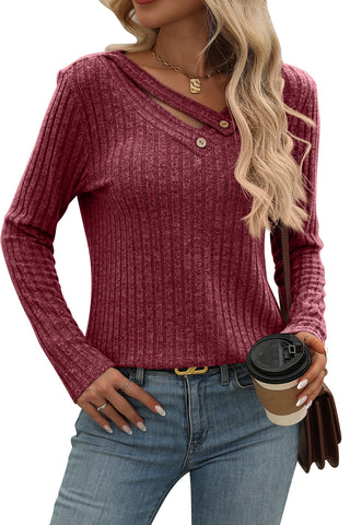 Mineral Red Ribbed Long Sleeve Buttoned Strap V Neck Top