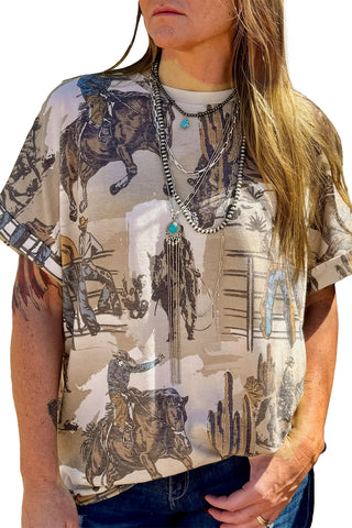 Khaki Western Cowboy Print Cuffed Sleeve Crewneck T Shirt