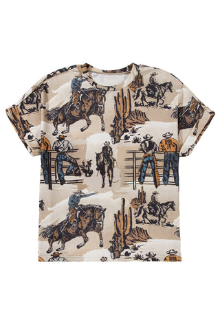 Khaki Western Cowboy Print Cuffed Sleeve Crewneck T Shirt