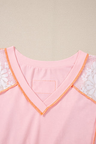 CLEARANCE Pink Lace Patchwork Exposed Seam V Neck T Shirt