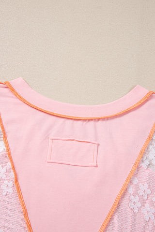 CLEARANCE Pink Lace Patchwork Exposed Seam V Neck T Shirt