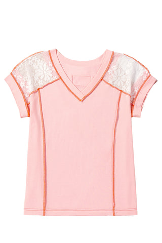 CLEARANCE Pink Lace Patchwork Exposed Seam V Neck T Shirt