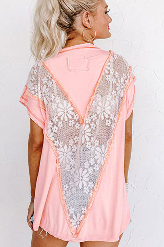CLEARANCE Pink Lace Patchwork Exposed Seam V Neck T Shirt
