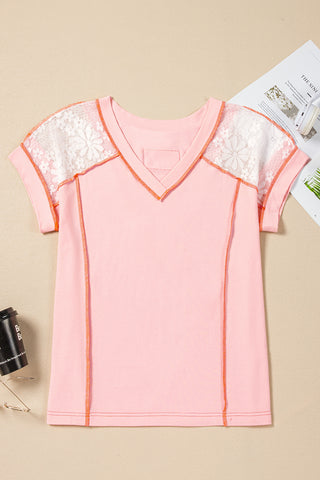 CLEARANCE Pink Lace Patchwork Exposed Seam V Neck T Shirt