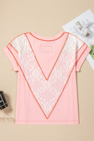 CLEARANCE Pink Lace Patchwork Exposed Seam V Neck T Shirt
