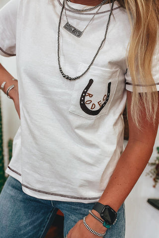 White RODEO Horseshoe Embroidered Patch Pocket Tee