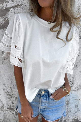 CLEARANCE White Hollow Out Embroidered Flounce Sleeve Blouse