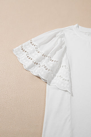 CLEARANCE White Hollow Out Embroidered Flounce Sleeve Blouse