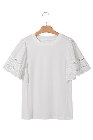 CLEARANCE White Hollow Out Embroidered Flounce Sleeve Blouse