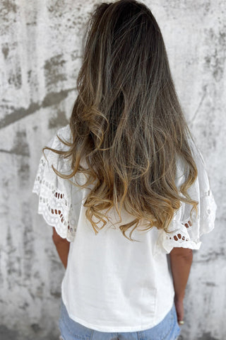 CLEARANCE White Hollow Out Embroidered Flounce Sleeve Blouse