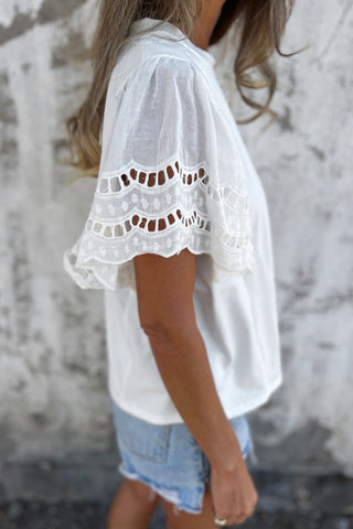 CLEARANCE White Hollow Out Embroidered Flounce Sleeve Blouse
