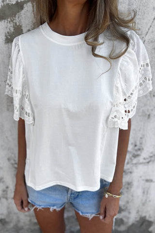 CLEARANCE White Hollow Out Embroidered Flounce Sleeve Blouse