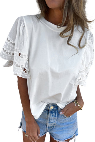 CLEARANCE White Hollow Out Embroidered Flounce Sleeve Blouse