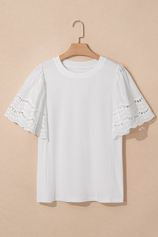 CLEARANCE White Hollow Out Embroidered Flounce Sleeve Blouse