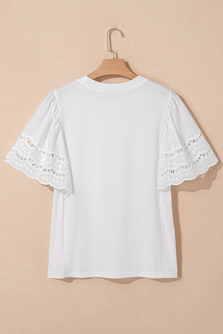 CLEARANCE White Hollow Out Embroidered Flounce Sleeve Blouse
