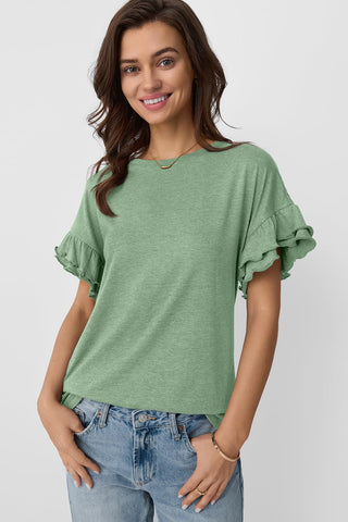 Grass Green Solid Color Ruffle Sleeve T-Shirt