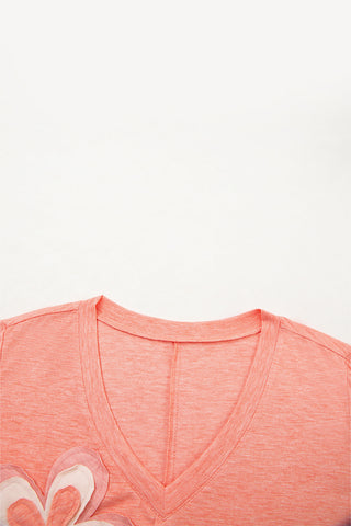 Fresh Salmon Floral Patched V Neck Long Sleeve Top