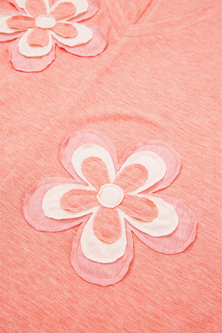 Fresh Salmon Floral Patched V Neck Long Sleeve Top