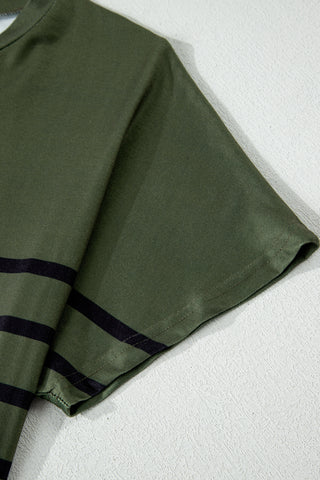 Green Striped Half Buttons Crew Neck T-Shirt