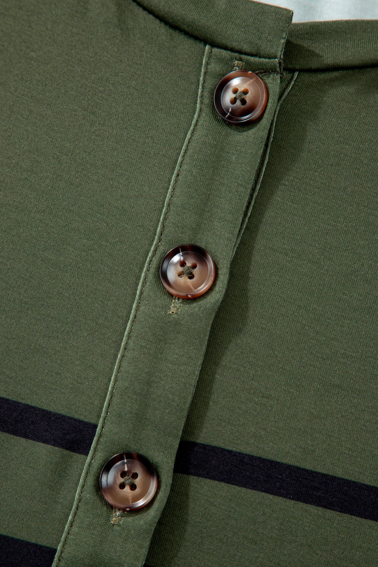 Green Striped Half Buttons Crew Neck T-Shirt