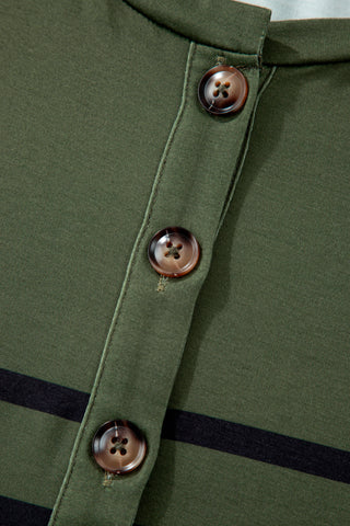Green Striped Half Buttons Crew Neck T-Shirt