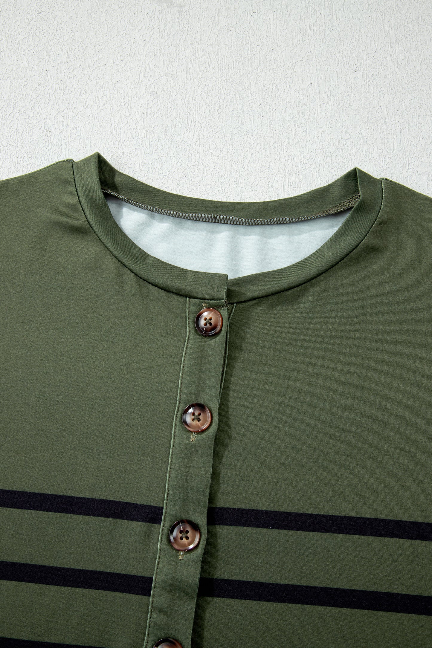 Green Striped Half Buttons Crew Neck T-Shirt
