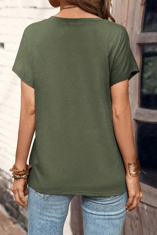 Green Striped Half Buttons Crew Neck T-Shirt