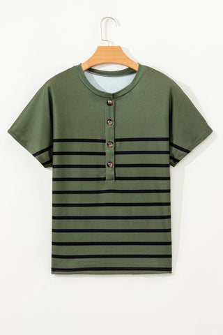Green Striped Half Buttons Crew Neck T-Shirt