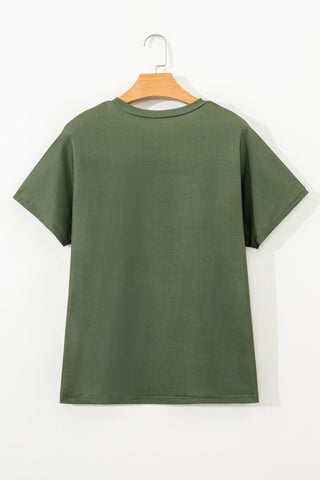 Green Striped Half Buttons Crew Neck T-Shirt