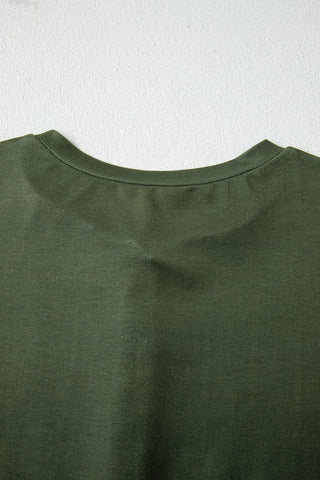 Green Striped Half Buttons Crew Neck T-Shirt