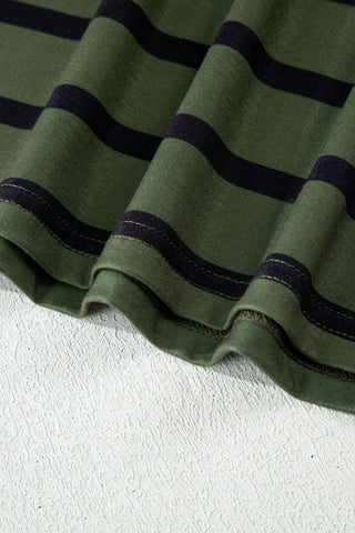Green Striped Half Buttons Crew Neck T-Shirt
