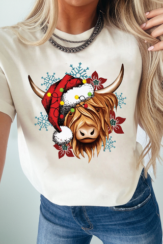 ***CLEARANCE ***  White Christmas Highland Cow Snowflake Print Womens T Shirt
