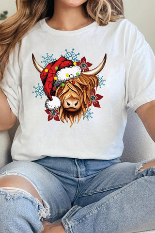 ***CLEARANCE ***  White Christmas Highland Cow Snowflake Print Womens T Shirt