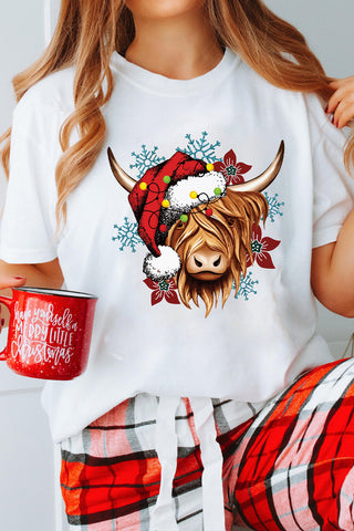 ***CLEARANCE ***  White Christmas Highland Cow Snowflake Print Womens T Shirt